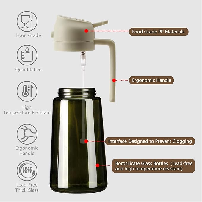 Olive Oil Dispenser and Oil Sprayer – 16oz/470ml Glass Light-Proof Oil Pourer for Kitchen, Air Fryer, Cooking, Salad, and BBQ