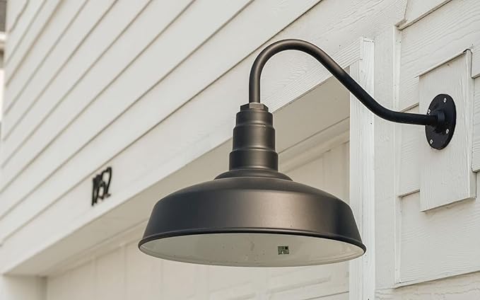 Steel Lighting Co. Gardena Barn Light | Outdoor Wall Mounted | 16" Dome | 16" Gooseneck | Farmhouse Light Made in America | Matte Black Exterior/White Interior