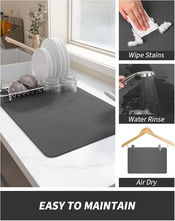 AMOAMI Dish Drying Mat for Kitchen Counter-Coffee Mat Bar Accessories, Hide Stain, Rubber Backed, Absorbent, Fit Under Coffee Maker, Espresso Machine, Pot, Dish Rack, 12"x19", Dark Grey