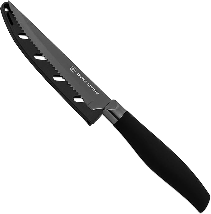 DURA LIVING Steak Knives, Steak Knives Set of 4, Nonstick Titanium High Carbon Stainless Steel Serrated Steak Knife, Soft Grip Handle, With Sheaths, Black Knife Set