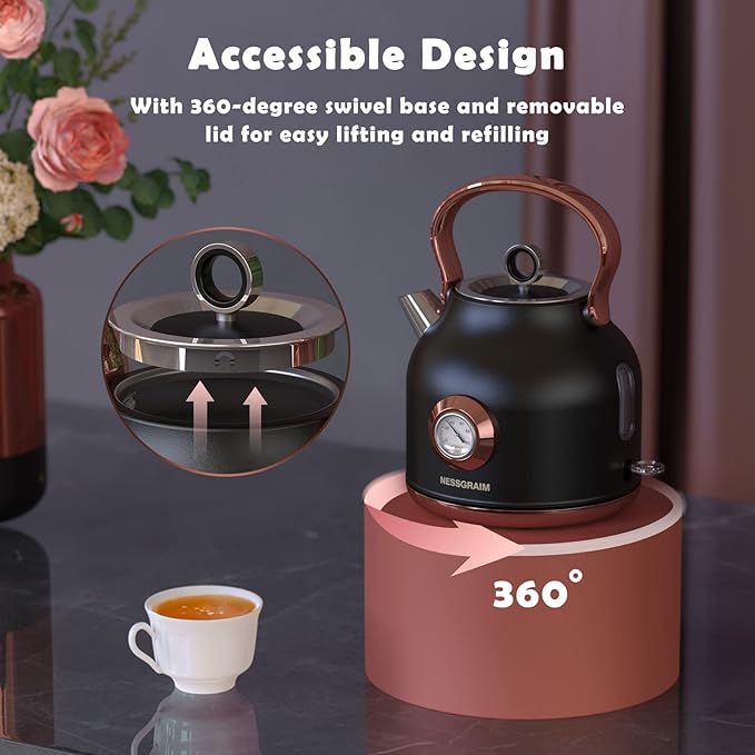 Retro Electric Kettle, 1.7L Stainless Steel Tea Kettle with Large Temperature Gauge, 1500W Fast Heating Hot Water Boiler with LED Indicator, Auto Shut-off & Boil-Dry Protection-Reteo Black