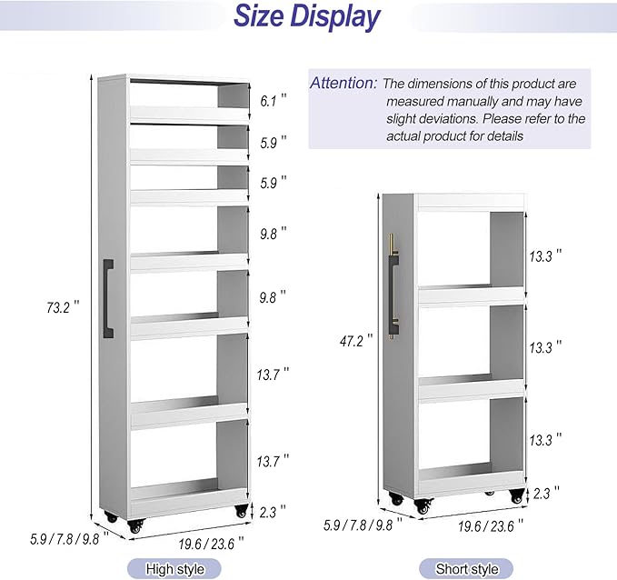 7-Tier Slim Storage Cart, Wooden Rolling Pantry Cabinet with Wheels, Narrow Shelf Organizer for Kitchen, Bakers Rack, Dining Room, Closet, Small Spaces Light Walnut 73.2" H*9.8" W*23.6" D