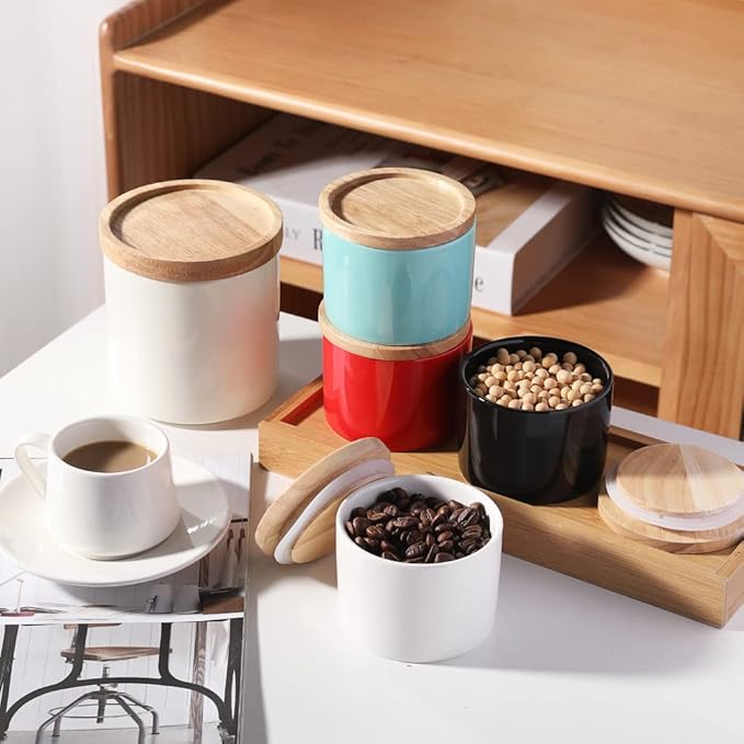 Sweejar Kitchen Canisters Ceramic Food Storage Jar, Stackable Containers with Airtight Seal Wooden Lid for Serving Ground Coffee, Tea, Sugar, Spice and More - 5 Fl Oz(Red)