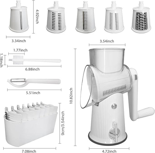 5 in 1 Rotary Cheese Grater Vegetable Slicer - Drum Mandoline Chopper for Kitchen, Easy to Clean with Storage Container