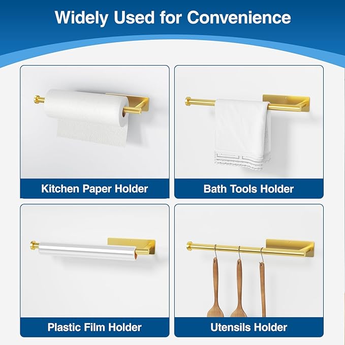 Paper Towel Holder - Self-Adhesive or Drilling, Gold Wall Mounted Rack - SUS304 Stainless Steel Kitchen Roll Holder Under Cabinet (2 Pack)