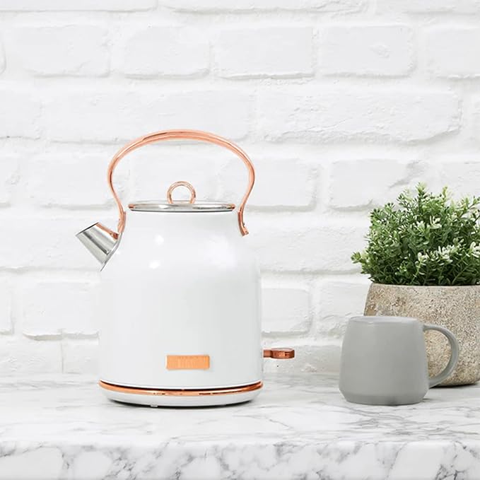 Haden Heritage 1.7 Liter Stainless Steel Electric Kettle, Hot Water Kettle with 360-Degree Base and Auto Shutoff, Ivory & Copper