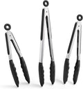 Doosu Kitchen Tongs for Cooking - 600°F Heat Resistant Food Tong Set with Non-Scratch Silicone Tips, Heavy Duty Stainless Steel Locking Tong for BBQ, Grilling Steak, Serving Salad (7+9+12in, Black)