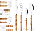 Bamboo Silverware Set, 24-Piece Natural Bamboo Flatware Cutlery with Stainless Steel Silver Head, Includes Knife, Fork, Spoon for Daily Use and Party, Reusable