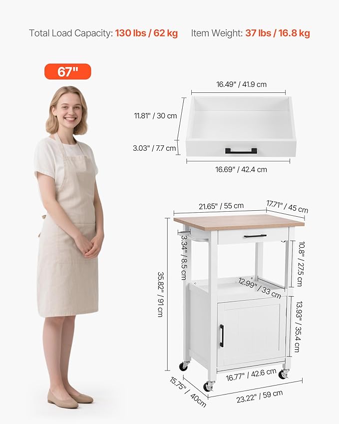 VEVOR Kitchen Island Cart with Single Door Cabinet, Mobile Carts with Drawer, Towel Rack, Hooks, Portable Table on Swivel Wheels, Small Coffee Islands Microwave Stand for Dining Room, 18x23 in, White