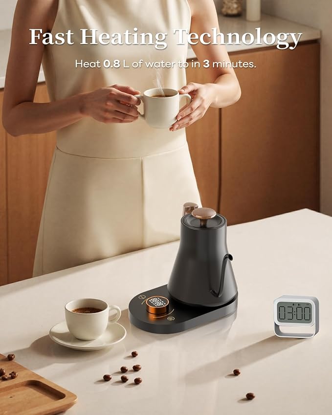 Smart Electric Gooseneck Kettle with WiFi Control, Pour-Over Coffee & Tea Kettle, ±1°F Precise Temp, 100% Stainless Steel Quick Boil Hot Water Heater Keep Warm, Pro Brewing Teapot 0.8L, 1000W