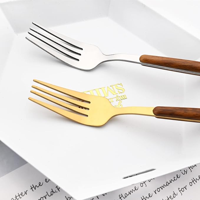 20 Piece (4 Set) Wood Handle Silverware Set, Retro 18/0 Stainless Steel Cutlery Set, Kitchen Utensils Include Knife Fork Spoon, Mirror Polish, Gold