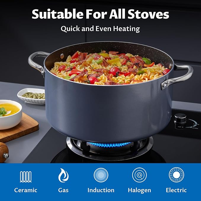 BEZIA 12 Quart Cooking Pot, Large Non Stick Induction Stock Pots with Lid, All Stove Compatible, 12 QT Aluminum Soup/Stew Pot For Big Gatherings, Grey