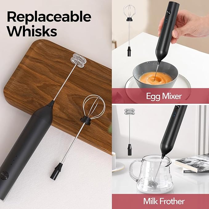 YARRAMATE Electric Milk Frother Wand, Fast Rechargeable Coffee Mixer with 2 Heads 3 Speeds, Handheld Drink Stirrer, Whisk Foam Maker for Lattes, Cappuccino, Matcha, Hot Chocolate (Black)