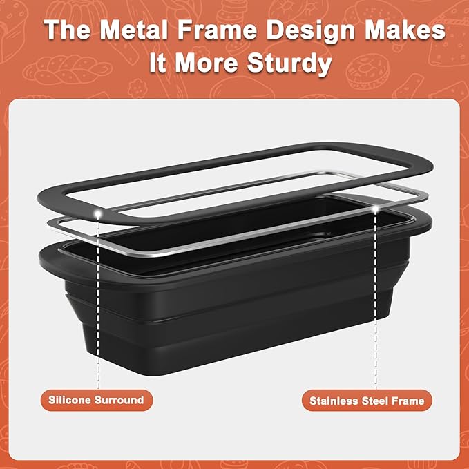 Foldable Silicone Loaf Pan with Metal Reinforced Rim Support - Nonstick Silicone Baking Mold for Homemade Loaf, Bread and Meatloaf - (9"x4"x2.5", Black, 1 Piece)