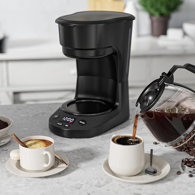 WAA 5 Cup Drip Coffee Maker, Portable Coffee Machine with Programmable Timer, Coffee Pots with Reusable Filter, Auto Shut-Off and Keep Warm Plate, Delay Brew, 25oz Water Tank, Black