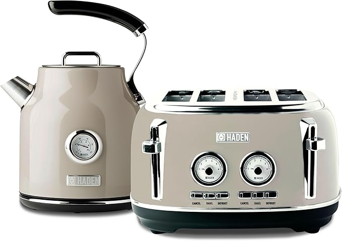 Haden Dorset 4 Slice Wide Slot Stainless Steel Toaster Bundled with 1.7 Liter Stainless Steel Electric Kettle with 360-Degree Base, Putty & Chrome