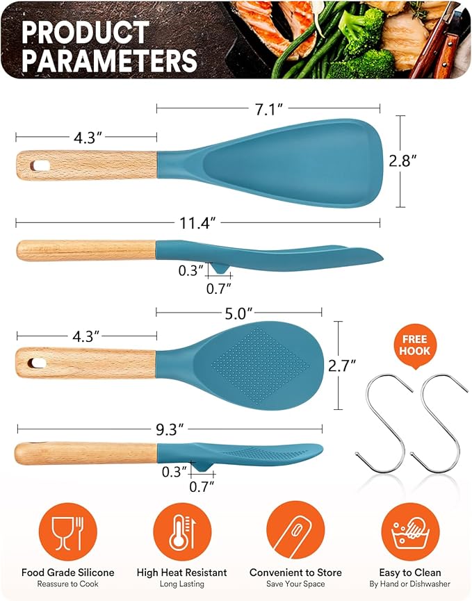 Cooking Spoon and Rice Scooper for Nonstick Cookwares, Great for Cooking and Serving Sturdy BPA-Free Matte Silicone, Wood Handle Spoon for Mixing, Scoop, and Scrape, Turquoise