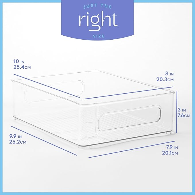Plastic Food Storage 6 Pack Clear Container Bin with Handles for Organizing Kitchen, Pantry, Refrigerator, Freezer, Pantry, Cabinet, Closet, Bathroom. Stackable 10”x8”x3”