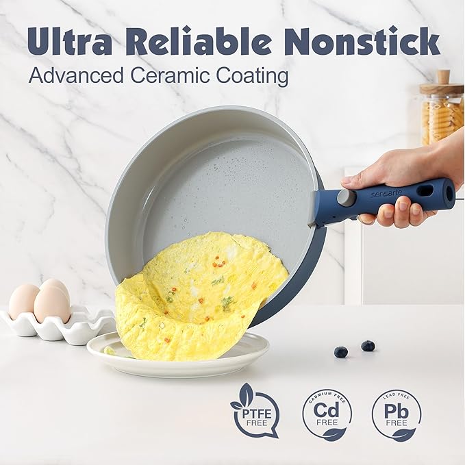 SENSARTE 24 Piece Ceramic Pots and Pans Set, Nonstick Detachable Handle Cookware, Induction Kitchen Cookware Set with Removable Handle, Healthy Non Stick for RV, Dishwasher＆Oven Safe, PFOA Free (Navy)