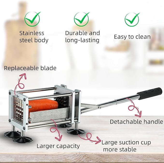 French Fry Cutter Professional Stainless Steel Potato Cutter with 1/2 Inch and 3/8 Inch Blades Commercial French Fries Slicer for Potatoes Carrots Cucumbers
