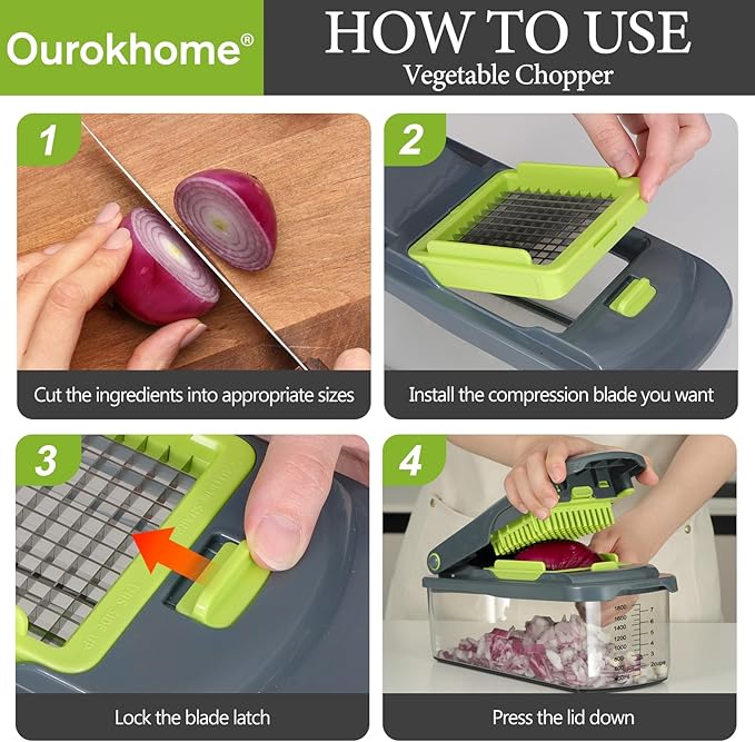Ourokhome Onion Chopper Dicer with Container, Manual Food Cutter with Handheld Veggie Spiral, Hand Vegetable Mandolin slicer for Potato, Tomato, Carrot, Essential Kitchen Gadget (6 in 1, Gray)