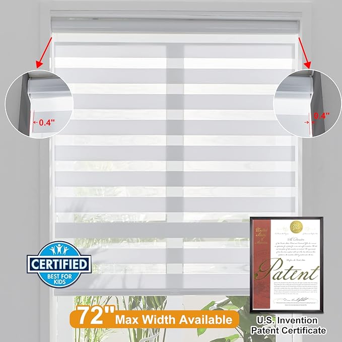 Persilux Cordless Zebra Blinds for Windows, Roller Shades for Windows (17" W x 47" H, White) Dual Layer Fabric for Day and Night,Room Darkening Shades for Home, Office, Bedroom and Living Room