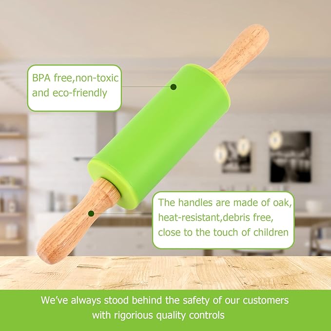 Mini Silicone Rolling Pin for Kids, Non-stick Surface Wood Handle, 9 Inch 1 Pack Pink