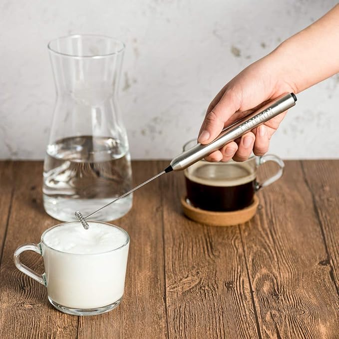 ROMAUNT Handheld Milk Frother Electric Battery Operated Portable Milk Foamer for Coffee Latte 304 Stainless Steel Whisk with Protective Case, Mix Spoon for Traveling or Camping