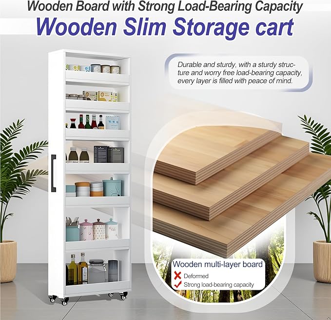7-Tier Slim Storage Cart, Wooden Rolling Pantry Cabinet with Wheels, Narrow Shelf Organizer for Kitchen, Bakers Rack, Dining Room, Closet, Small Spaces Dark Walnut 73.2''H*5.9''W*23.6''D