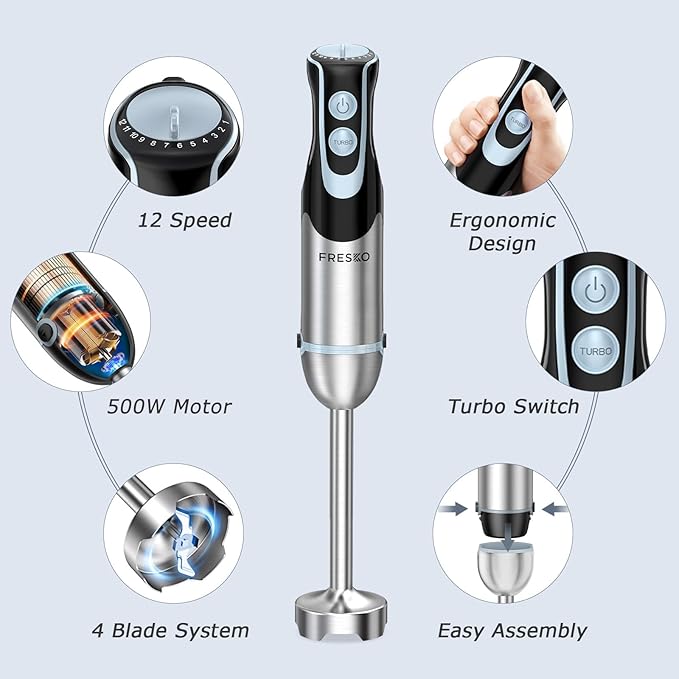 FRESKO Immersion Blender Handheld, 4-in-1 Stainless Steel Hand Electric Stick Mixer with 12-Speeds & Turbo Mode, Powerful 500W Emulsion Blender with Beaker, Chopper & Whisk