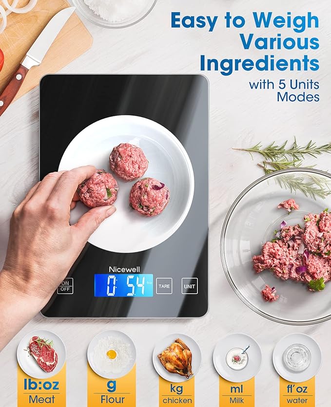 Nicewell Food Scale Digital Weight Grams and oz, 22lb Kitchen Scale for Cooking Baking, 1g/0.1oz Precise Graduation, Sleek Tempered Glass Platform (Black)