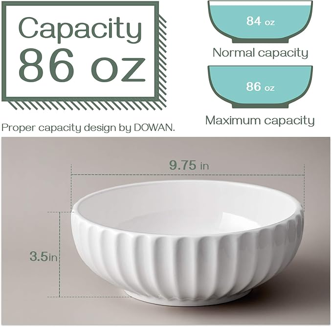 DOWAN 9.8'' Serving Bowls, 86 oz Large Salad Bowl, Ceramic Serving Dishes, Set of 2, Pumpkin Shape for Halloween, Entertaining, Party, Kitchen, Dinner, Banquet, Housewarming Gift, Soft White