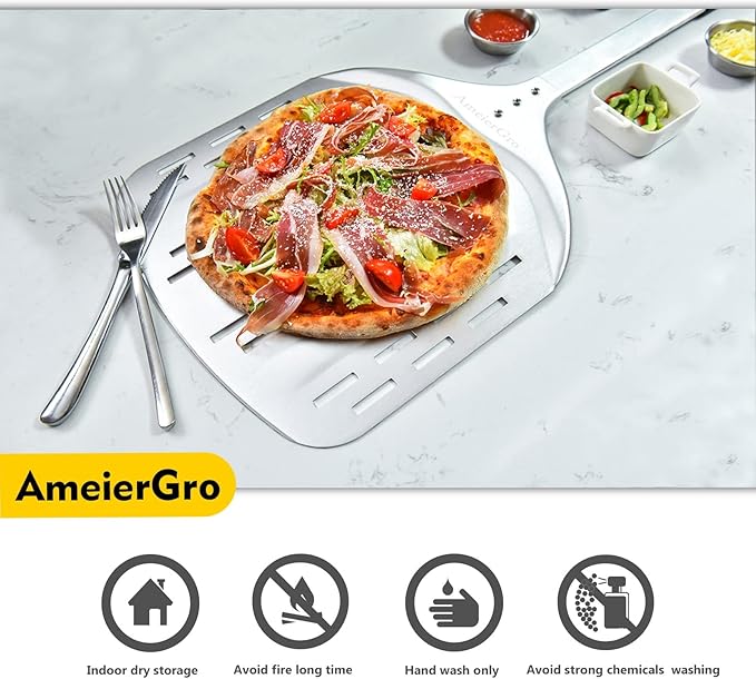 12" Perforated Pizza Peel, Long Handle(31") Anodised Aluminum Pizza Spatula Paddle, Pizza Oven Accessories for Pizza Stone/Grill