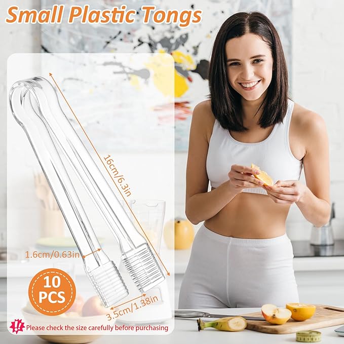 PEASUG 10 PCS Plastic Serving Tongs, Disposable Plastic Tongs, Clear Kitchen Small Serving Utensils for Serving for Party Food Buffet Appetizer Salad Catering Ice, 6.3 Inches