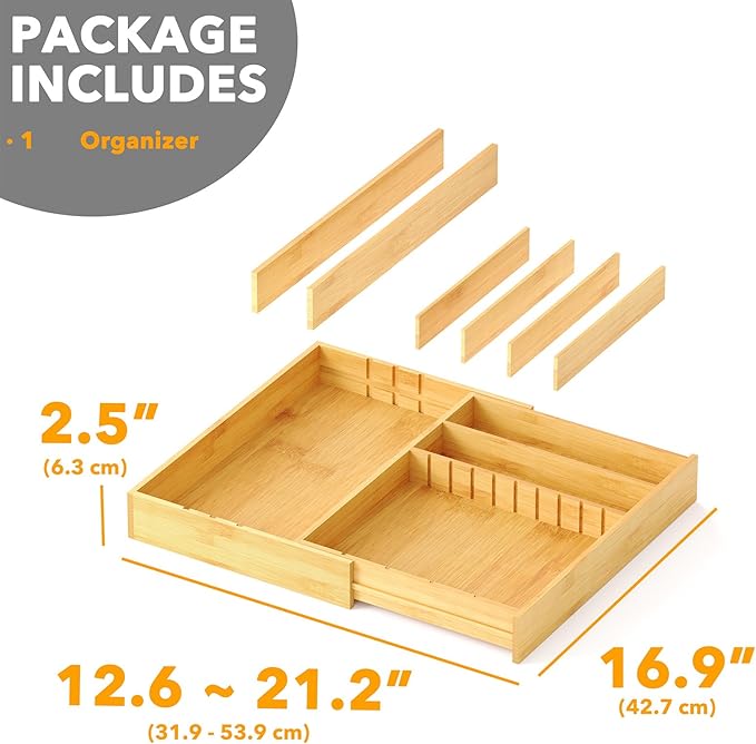 SpaceAid 2.5" High Bamboo Silverware Drawer Organizer with Labels, Kitchen Utensil Expandable Tray Holder for Flatware, Cutlery, Spoon and Knives Drawer Storage Organization (Natural)