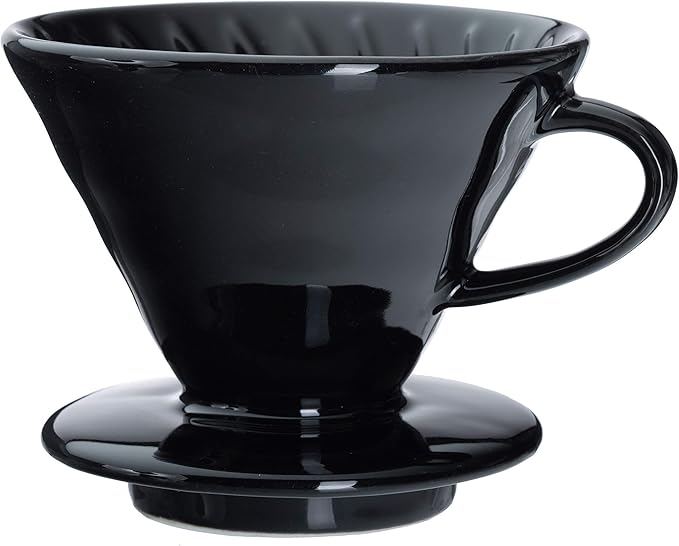 Pour Over Coffee Dripper - Ceramic Slow Brewing Accessories for Home, Cafe, Restaurants - Easy Manual Brew Maker Gift - Strong Flavor Brewer - V01 Paper Cone Filters - Black, 1 Cup