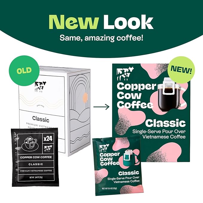 Copper Cow Coffee Premium Pour Over Single-Serve Vietnamese Coffee Pouches (8 pack) | Classic Black | Dark Roast | Convenient Vietnamese Ground Coffee Packets, Travel Friendly