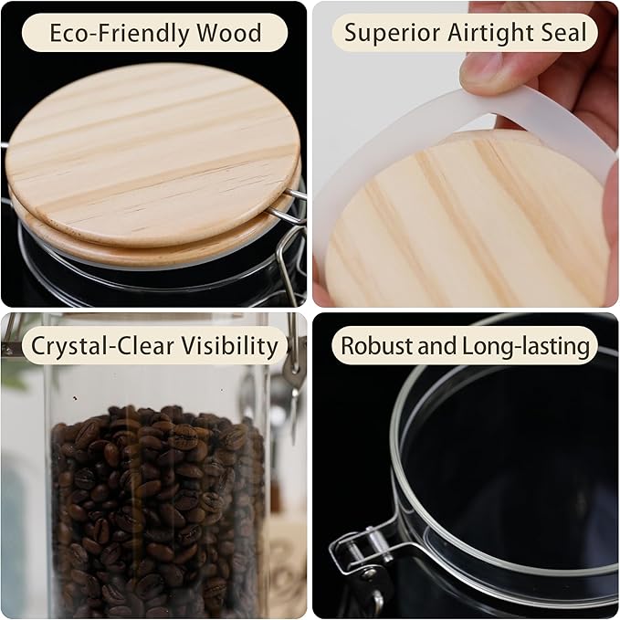 Glass Coffee Canister Set with Shelf & Spoon 2 Piece Coffee Containers for Coffee Bean Storage Airtight Seal, Coffee Bar Accessories Filter Holder for Kitchen Organization