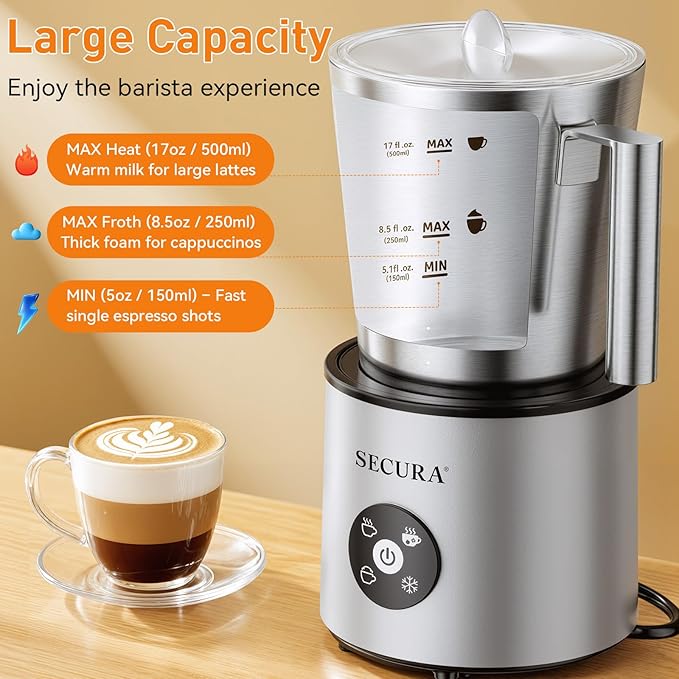 Secura 4-in-1 Automatic Milk Frother, 17oz Teflon-Free Stainless Steel Jug, Hot/Cold Foam Maker & Milk Warmer for Latte, Cappuccino, Macchiato, Hot Chocolate, Includes Silicone Spatula & 2 Whisks