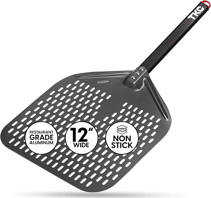 TKC 12", 8" Perforated Pizza Peels - Professional Aluminum Pizza Turning peel - Long Handle Metal Pizza Spatula for Indoor and Outdoor - Lightweight Non-Stick Pizza Turner - Pizza Oven Accessories