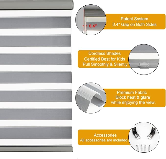 Persilux Cordless Zebra Blinds for Windows Free-Stop Roller Windows Shades (72" W X 72" H, Grey) Dual Layer Light Control for Day and Night, Light Filtering Sheer Shades for Home