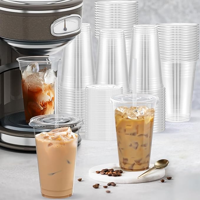 100 Pack - 20 oz Clear Plastic Cups with Lids and Straws, Sturdy & Food Safe Iced Coffee Cups with lids, Disposable Plastic Smoothie Cups for Cold Drinks