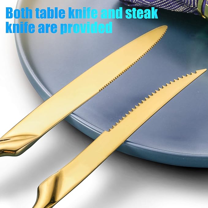 Lemeya 24-Piece Gold Silverware Set with Steak Knives,Forged 18/10 Stainless Steel Cutlery Set for 4,Modern Heavy Duty Flatware Utensils Set,Fork Spoon and Knives Set, Mirror Polished,Dishwasher Safe