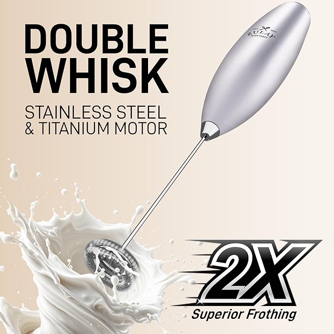 Zulay Kitchen Powerful Double Whisk Milk Frother Handheld - Foam Maker With Stand - Whisk Drink Mixer for Coffee, Mini Foamer for Latte, Matcha, Frappe, Hot Chocolate & Cappuccino (Silver)