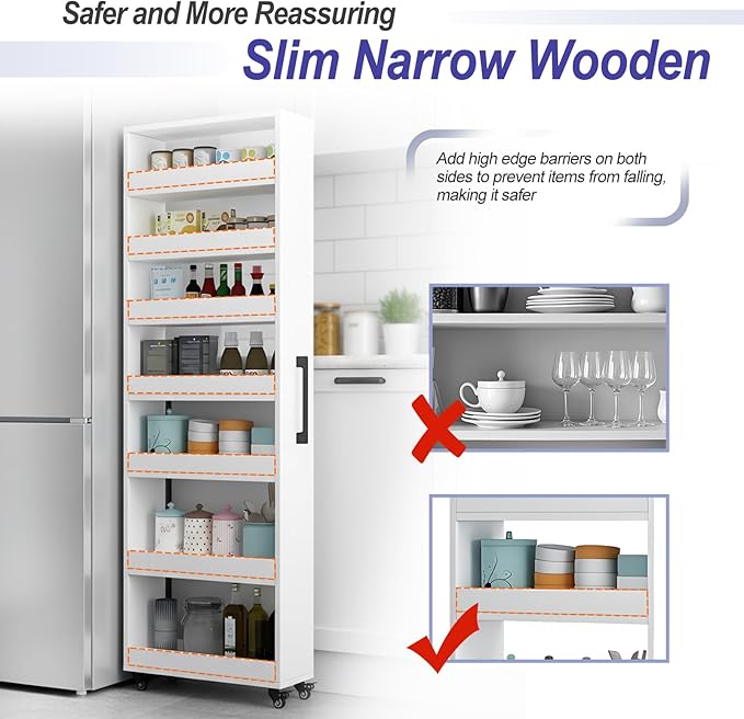 7-Tier Slim Storage Cart, Wooden Rolling Pantry Cabinet with Wheels, Narrow Shelf Organizer for Kitchen, Bakers Rack, Dining Room, Closet, Small Spaces Teak 47.2" H*5.9" W*16.9" D