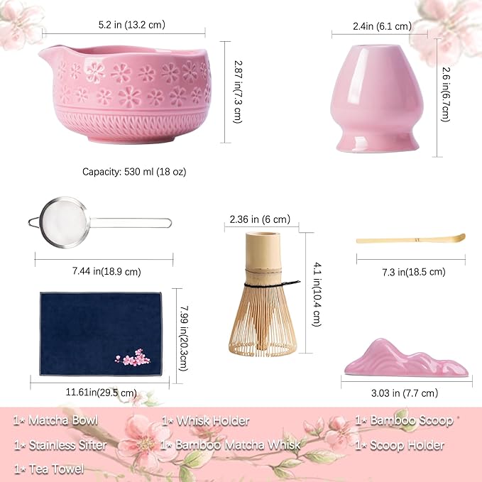 Matcha Whisk Set, Ceramic Matcha Kit Set Includes Matcha Bowl, Matcha Whisk and Holder, Bamboo Scoop, Scoop Rest, Sifter and Tea Towel - 7 Pcs Matcha Kit for Matcha Lovers (Pink)