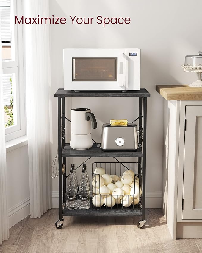 VASAGLE Kitchen Shelf on Wheels, Serving Cart with 3 Shelves, Kitchen Cart, Microwave Shelf, for Mini Oven, Toaster, with 6 Hooks, Industrial Stylee, Ebonized Oak Finish and Black UKKS060B42