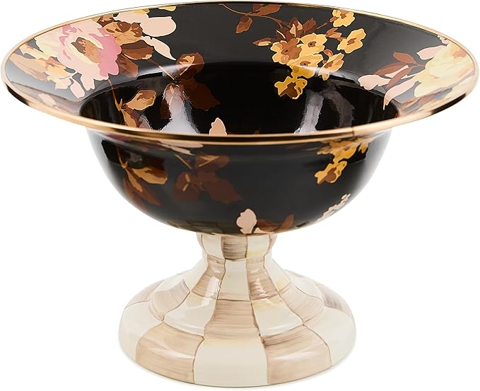 MACKENZIE-CHILDS Enamel Compote, Pedestal Serving Dish or Decorative Bowl, Large, Wild Rose Brown