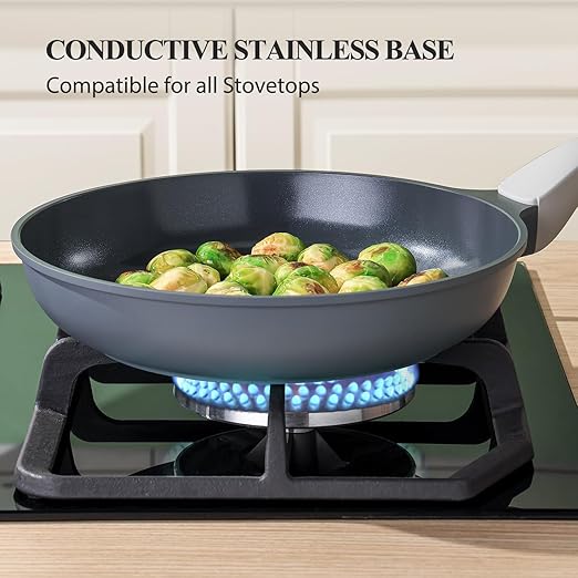 PRICUSIS Nonstick Ceramic Frying Pan, 8/10/12 Inch Non Toxic Skillet, Egg & Omelet & Chef's Pan, Induction Compatible & Oven Safe, Dishwasher Safe,PTFE PFAS & PFOA Free (10 Inch, Gray)
