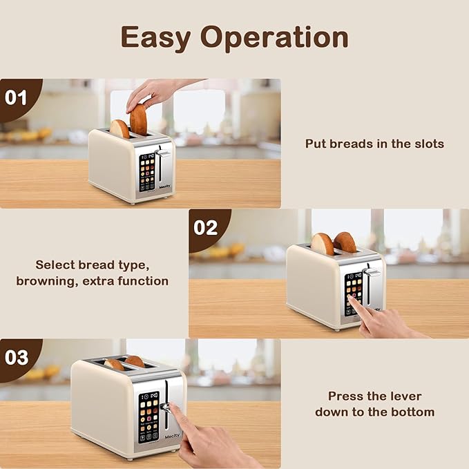 Mecity 2 Slice Touch Screen Toaster, 1.5" Wide Slot, Stainless Steel Smart Toaster for Bagels, Muffins, Waffles, Gluten-Free Breads, Defrost, Reheat, Timer, 120V 825W, Cream Color